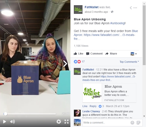 Blue Apron opened the contents of a product box and live streamed it all on Facebook, helping its audience understand what it sells. 