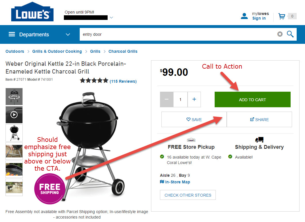 The most common CTA is the "Add to Cart" button. Incorporate compelling, salable text for a bigger impact. <em>Source: Lowe's.</em>