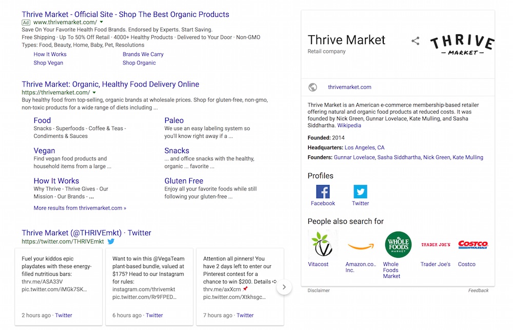 Adding social media links with proper Schema markup can help Google connect your site and social media profiles. This can help establish a knowledge graph, as seen in this example from Thrive Market.