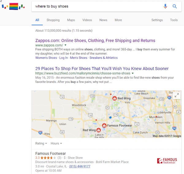Google search results for the neutral query &quot;where to buy shoes.&quot;