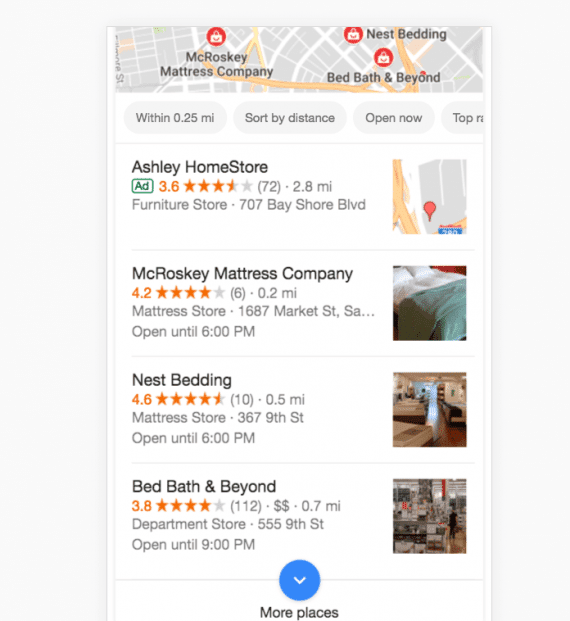 When searching "bedding near me," Bed, Bath & Beyond ranks third because there are closer competitors.