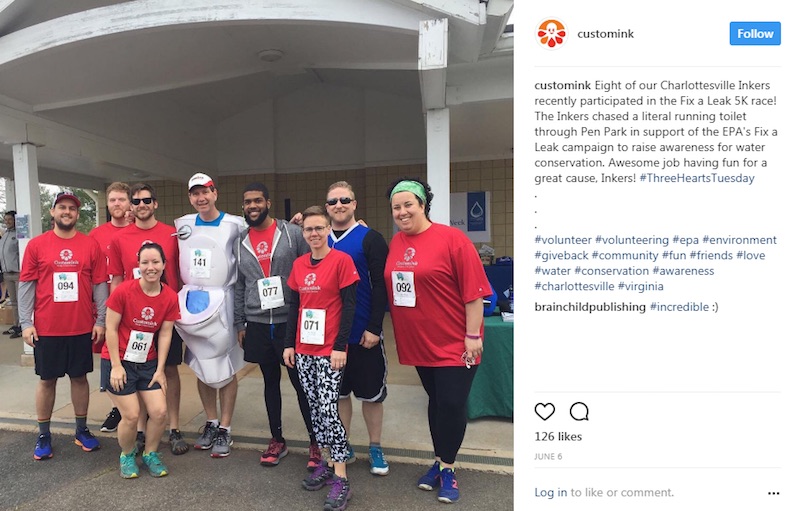 CustomInk, a U.S.-based online apparel company, uses Instagram to showcase employees who participated in a 5K run to raise awareness about water conservation.