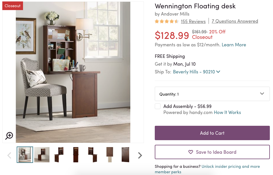 A floating desk could be an ideal product for a 30-something mom returning to college. Conveying the problem the product solves is key. <em>Source: Wayfair.</em>