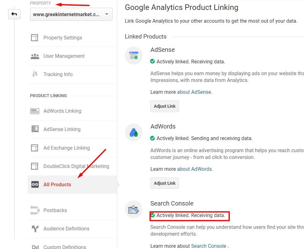 Ensure Search Console is linked by going to Admin > Property > All Products.
