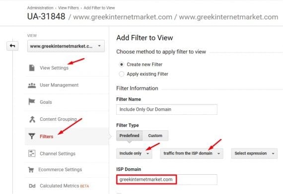 At Admin > View Settings > Filters, click “+ Add Filter,” and give the filter a name. Select “Include Only” as the filter type and then “traffic from the ISP domain” and enter the excluded domain.