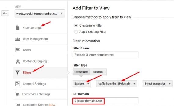 After referral spam domains are identified, create an "exclude" filter in Google Analytics and set it as “Exclude.”