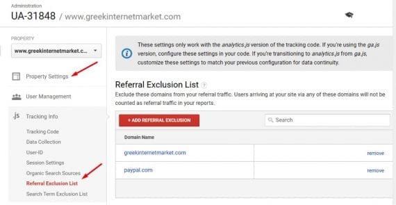 Set up a list of all domains that should not show up as referrals. Do this at Property Settings > Tracking Info > Referral Exclusion List. 