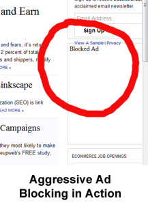 Screen capture showing a blocked ad