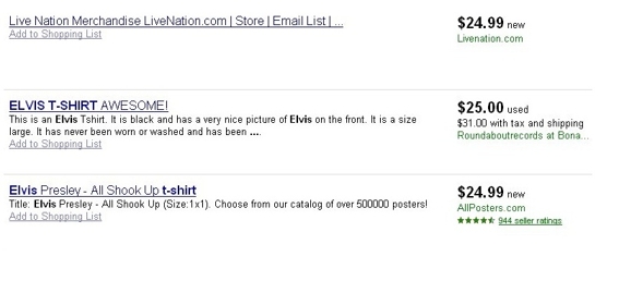 Google shopping results for Elvis t-shirt.