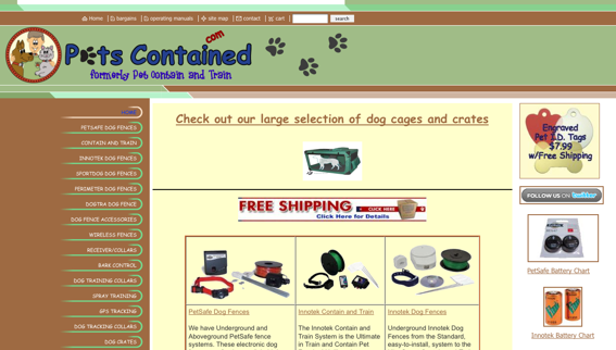 PetsContained.com, home page screenshot.