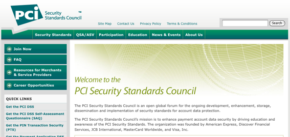 Screen capture of PCI Security Council's home page.