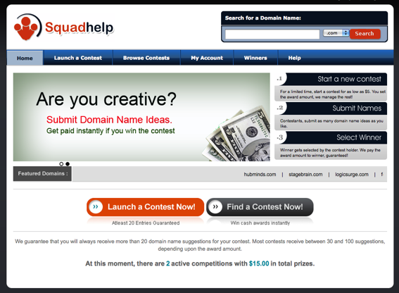 Squadhelp home page.
