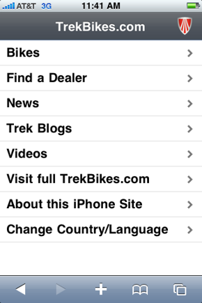 Screen capture of Trekbikes.com home page from an iPhone.