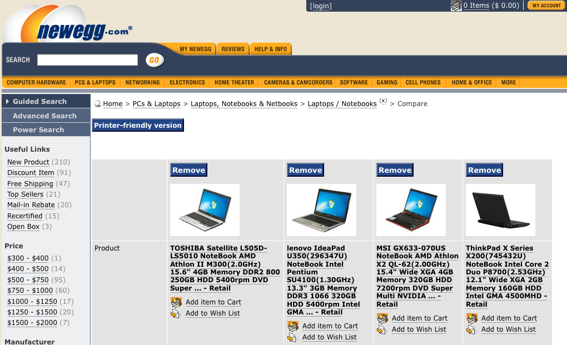 Screen capture of Newegg's laptop comparison table.