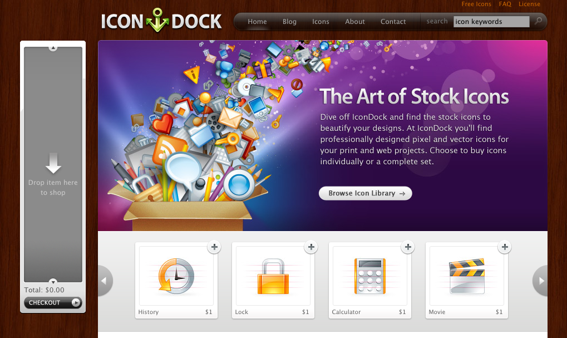 Screen capture of Icon Dock's drag-and-drop shopping cart (on left).