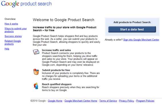 Screen capture of Google Product Search backend home page.