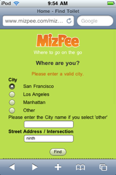MizPee home page on mobile-optimized site.