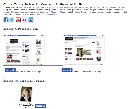 The "Connect and Share" Facebook detail page.