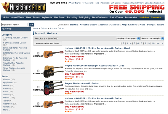 MusiciansFriend.com "Acoustic Guitar" product page, sorted "Price - Low to High."