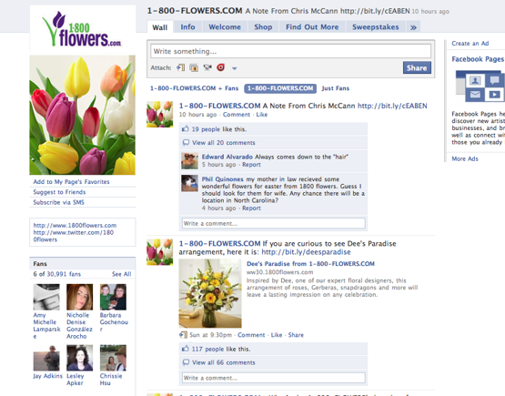 Screen capture of 1-800 Flowers.com shop on Facebook.