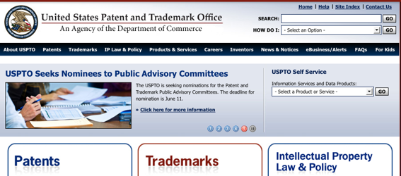 USPTO.gov, home page screen capture.