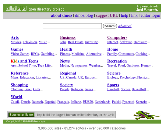 DMOZ open directory project, home page screen capture.