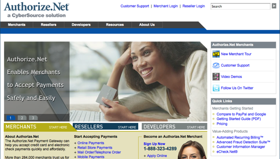 Screen shot of Authorize.Net's home page.