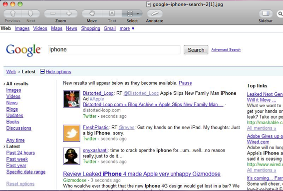 Screenshot of Google search for the keyword "iPhone" after "show options" and "latest."
