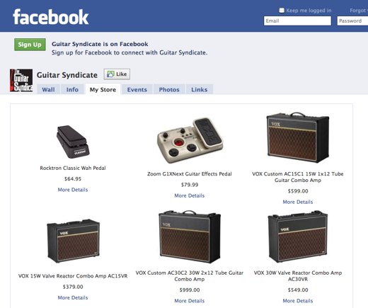 Screenshot of Guitar Syndicate's Facebook store page.