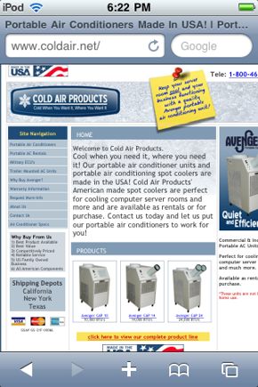 Cold Air Products, mobile site.