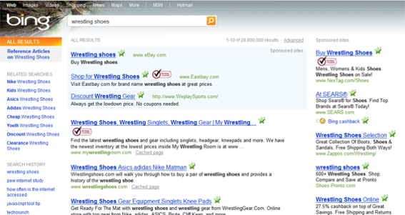 Screenshot of LinkScanner marks on Bing search results. 