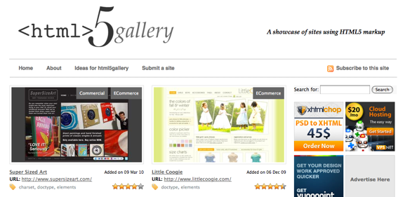 Screen capture of HTML5Gallery.com, showing sites built with HTML 5.