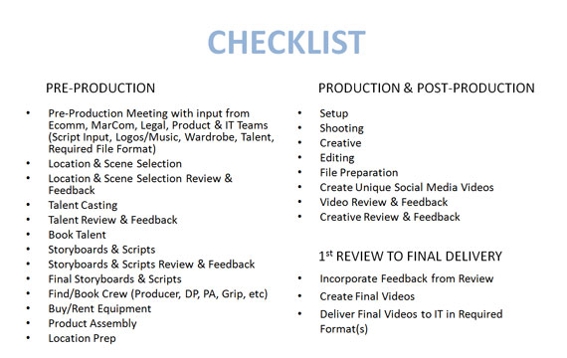 Checklist for video production.