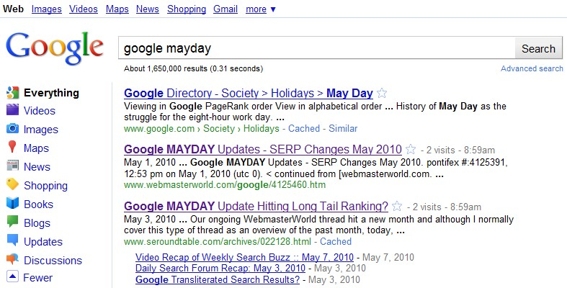 Screenshot of search results on Google for "google mayday."