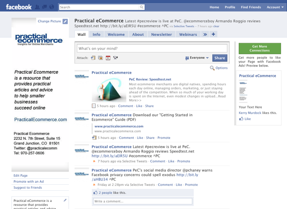 Practical eCommerce's Facebook Fan Page, partial screen capture.