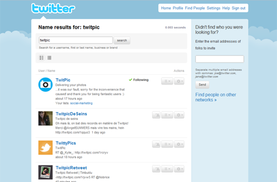 Results of a search on Twitter for "TwitPic."