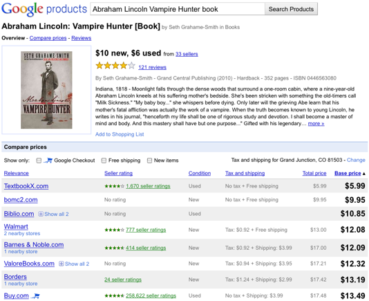 Google Product Search screen capture for "Abraham Lincoln Vampire Hunter book."