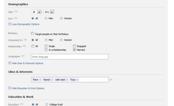 Screen capture showing the demographic filter on Facebook's PPC program.