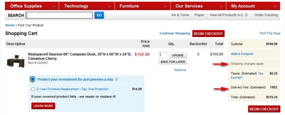 Screenshot of Office Depot shopping cart showing estimated shipping charges as "FREE."