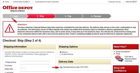 Screenshot of Office Depot checkout process with an alert that says shipping date is only an estimate. 