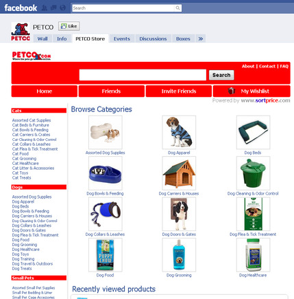 Screenshot of PetCo's Facebook store, powered by Sortprice.com.
