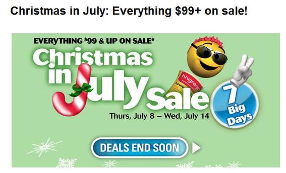 Screen capture showing hhgregg's 'Christmas in July' offer.