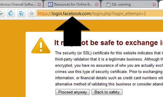 Detail of Comodo Dragon security warning showing Facebook URL.