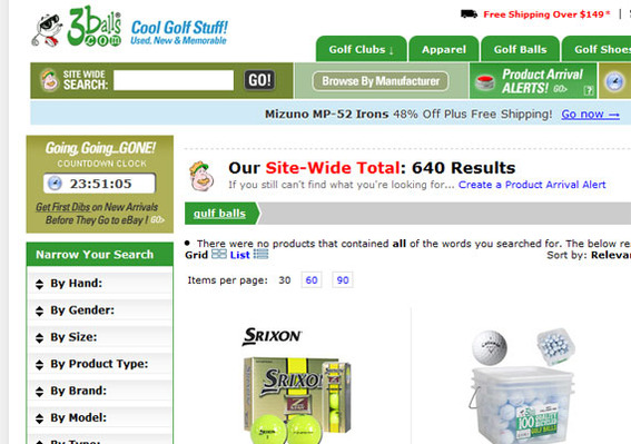 The 3ball's search generated results in spite of an obvious misspelling, "gulf" balls.