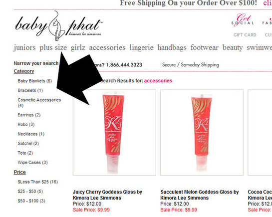 Site search on Baby Phat showing suggested filters and layers.
