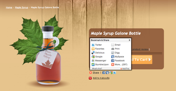 'Add This' pop-up on shopping page for Maple Syrup Galone Bottle.