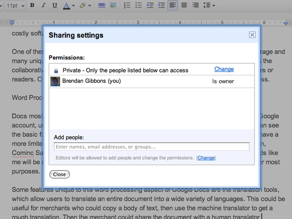 Screen capture of share settings on Google Docs.