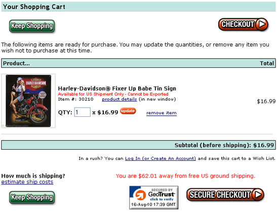 Sample of a 'Keep Shopping' button on checkout page.