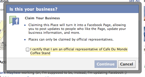 Screen capture of 'Claim Your Business' pop-up on Facebook Places.