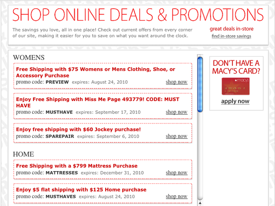 Online deals and promotions on Macy's website.
